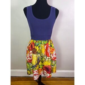 Fei Anthropologie Blue Silk Floral Mixed Media Tank Dress with Pockets Small